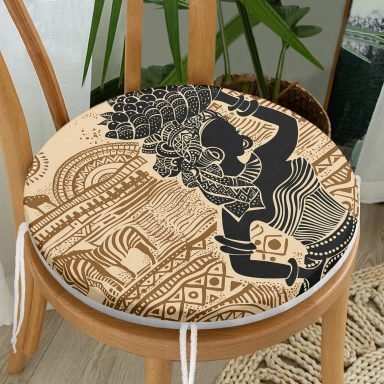 Etnik Desen Zeminli Afrika Kadın Motifli Yuvarlak Fermuarlı Sandalye Minderi