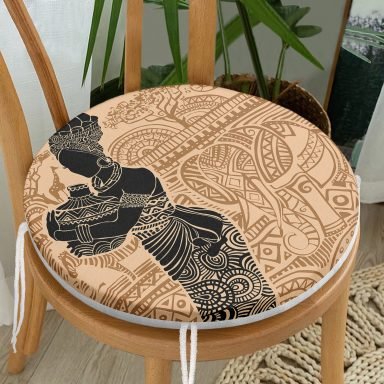 Etnik Desen Zeminli Afrika Kadın Motifli Yuvarlak Fermuarlı Sandalye Minderi
