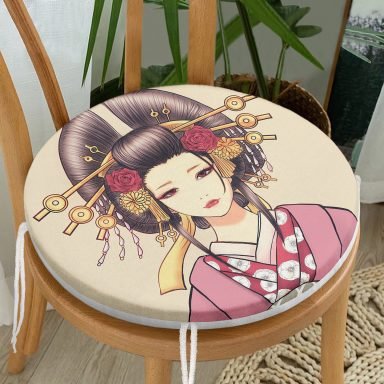 Masum Baskan Japon Kız Motifli Modern Yuvarlak Fermuarlı Sandalye Minderi