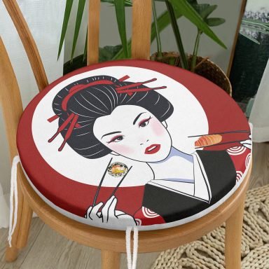 Suşi Yiyen Japon Kız Motifli Modern Yuvarlak Fermuarlı Sandalye Minderi