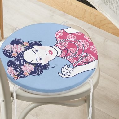 İnci Kolyeli Japon Kadın Dijital Baskılı Modern Yuvarlak Fermuarlı Sandalye Minderi