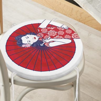 Sırtında Kırmızı Şemsiyeli Japon Kadın Motifli Yuvarlak Fermuarlı Sandalye Minderi