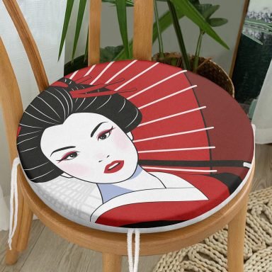 Kırmızı Temalı Japon Kadın Motifli Yuvarlak Fermuarlı Sandalye Minderi