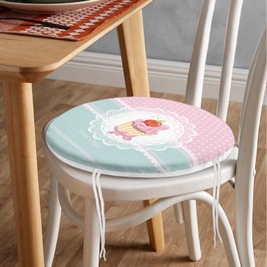 Cup Cake Dijital Baskılı Yuvarlak Fermuarlı Sandalye Minderi
