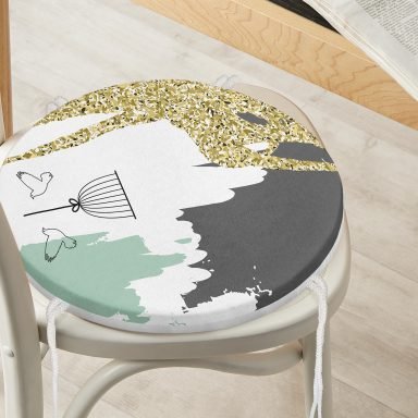 Kafes Ve Kuş Motifli Gold Modern Motifler Dijital Baskılı Modern Yuvarlak Fermuarlı Sandalye Minderi