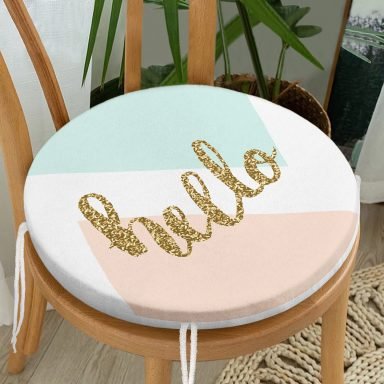 Gold Hello Yazılı Modern Motifler Dijital Baskılı Modern Yuvarlak Fermuarlı Sandalye Minderi