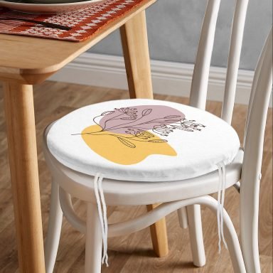 Sarı Pudra Renkli İnce Dal Motifli Dijital Baskılı Modern Yuvarlak Fermuarlı Sandalye Minderi