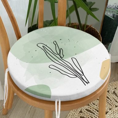 Soft Renkli Onedraw Yaprak Temalı Dijital Baskılı Modern Yuvarlak Fermuarlı Sandalye Minderi