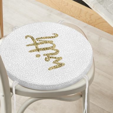 Beyaz Zeminli Gold Renkli With Yazılı Dijital Baskılı Modern Yuvarlak Fermuarlı Sandalye Minderi
