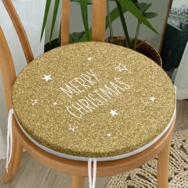 Gold Zeminde Merry Christmas Yazılı Dijital Baskılı Modern Yuvarlak Fermuarlı Sandalye Minderi