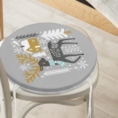 Gri Zeminde Geyik Desenli Dijital Baskılı Modern Yuvarlak Fermuarlı Sandalye Minderi