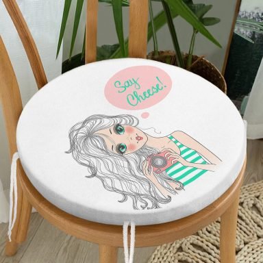 Fashion Girl Dijital Baskılı Modern Yuvarlak Fermuarlı Sandalye Minderi