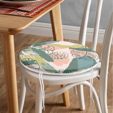 Soft Renkli Zeminde Onedraw Çizimli Yaprak Motifli Dijital Baskılı Modern Yuvarlak Fermuarlı Sandalye Minderi
