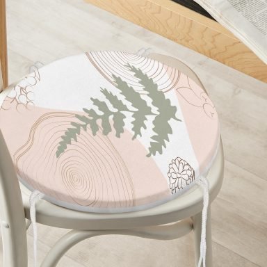Pastel Renkli Yaprak Motifli Dijital Baskılı Modern Yuvarlak Fermuarlı Sandalye Minderi