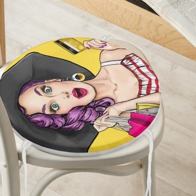 Pop Art Resimli Dijital Baskılı Yuvarlak Fermuarlı Sandalye Minderi