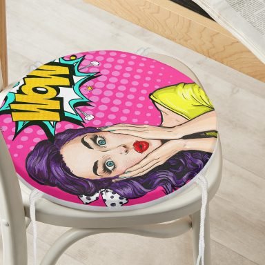 Pop Art Resimli Dijital Baskılı Yuvarlak Fermuarlı Sandalye Minderi
