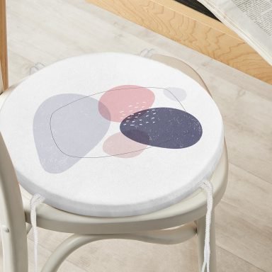 Beyaz Zeminde Renkli Oval Desenli Dijital Baskılı Modern Yuvarlak Fermuarlı Sandalye Minderi