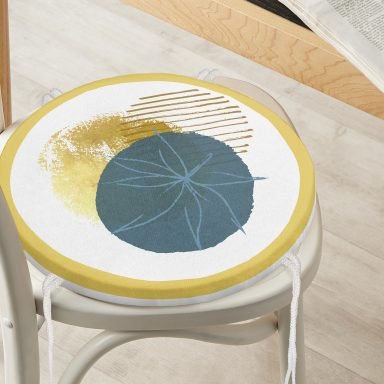 Beyaz Zeminde Gold Çerçeve İçinde Oval Desenli Dijital Baskılı Modern Yuvarlak Fermuarlı Sandalye Minderi