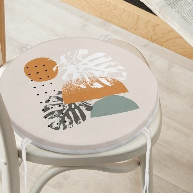 Pastel Zeminli Yaprak Desenli Dijital Baskılı Modern Yuvarlak Fermuarlı Sandalye Minderi