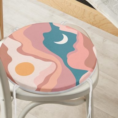 Pastel Renkli Zemin Üzerinde Ay Güneş Temalı Dijital Baskılı Modern Yuvarlak Fermuarlı Sandalye Minderi