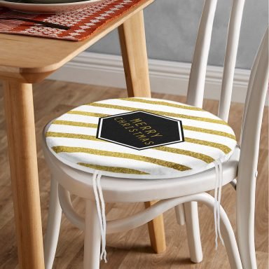 Beyaz Zeminde Gold Detaylı Merry Christmas Yazılı Dijital Baskılı Modern Yuvarlak Fermuarlı Sandalye Minderi