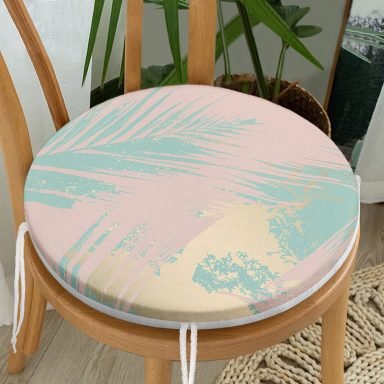 Pastel Zemin Üzerinde Gold Detaylı Yaprak Desenli Dijital Baskılı Modern Yuvarlak Fermuarlı Sandalye Minderi