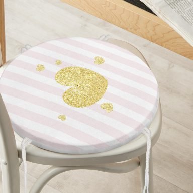 Beyaz Zeminde Pembe Yatay Çizgili Gold Detaylı Kalp Desenli Dijital Baskılı Modern Yuvarlak Fermuarlı Sandalye Minderi