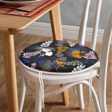 Siyah Zemin Üzerinde Renkli Yaprak Desenli Dijital Baskılı Modern Yuvarlak Fermuarlı Sandalye Minderi