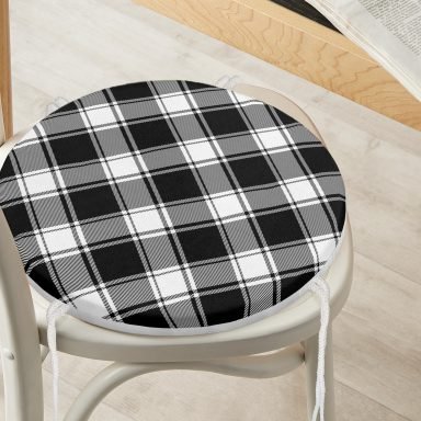 Beyaz Zemin Üzerinde Siyah Ekose Desenli Dijital Baskılı Modern Yuvarlak Fermuarlı Sandalye Minderi