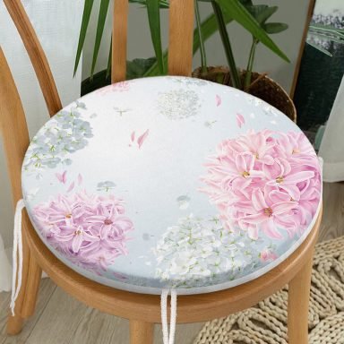 Pastel Zeminli Renkli Ortanca Çiçek Dijital Baskılı Modern Yuvarlak Fermuarlı Sandalye Minderi