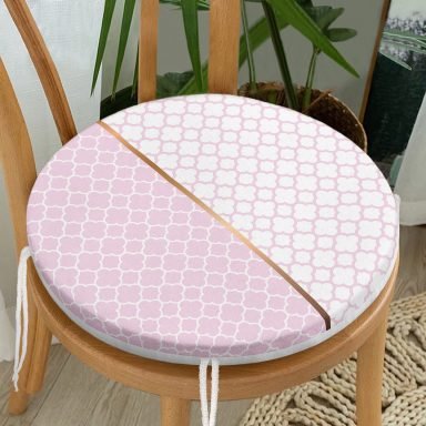 Pembe & Beyaz Ogea Desenli Dijital Baskılı Modern Yuvarlak Fermuarlı Sandalye Minderi