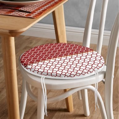Bordo & Beyaz Ogea Desenli Dijital Baskılı Modern Yuvarlak Fermuarlı Sandalye Minderi
