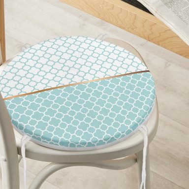 Mint Yeşili & Beyaz Ogea Desenli Dijital Baskılı Modern Yuvarlak Fermuarlı Sandalye Minderi