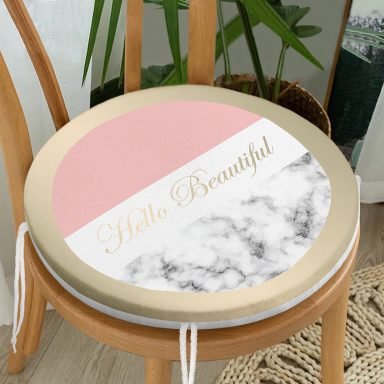 Hello Beautiful Pembe & Mermer Dijital Baskılı Yuvarlak Fermuarlı Sandalye Minderi