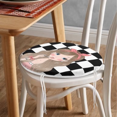 Dama Zeminli Fashion Girl Tasarımlı Dijital Baskılı Modern Yuvarlak Fermuarlı Sandalye Minderi