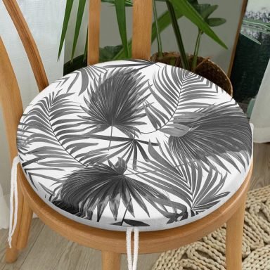 Beyaz Zeminde Gri Tropikal Bitki Figürlü Dijital Baskılı Yuvarlak Fermuarlı Sandalye Minderi