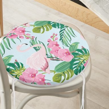 Renkli Tropik Yaprak Flamingo Motifli Yuvarlak Fermuarlı Sandalye Minderi