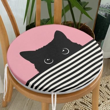 Pembe Zemin Çizgili Motif Kara Kedi Tasarımlı Modern Yuvarlak Fermuarlı Sandalye Minderi