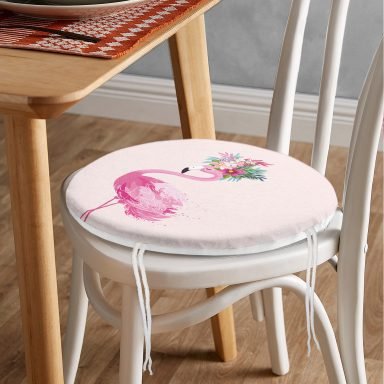 Pembe Flamingo Motifli Dijital Baskılı Yuvarlak Fermuarlı Sandalye Minderi