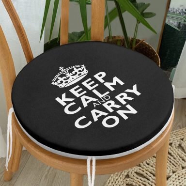 Siyah Beyaz Keep Calm And Carry On Baskılı Yuvarlak Fermuarlı Sandalye Minderi