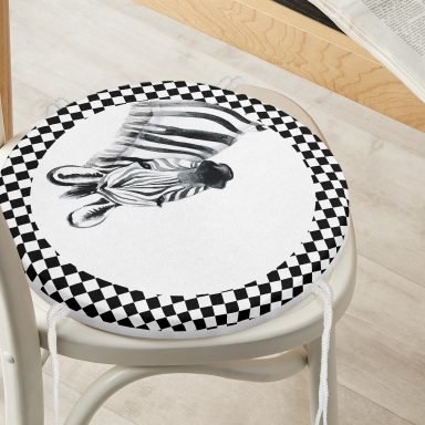 Damalı Çerçeve Motifli Zebra Desenli Yuvarlak Fermuarlı Sandalye Minderi