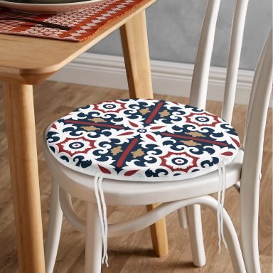 Lacivert Bordo Damask Motifli Modern Yuvarlak Fermuarlı Sandalye Minderi