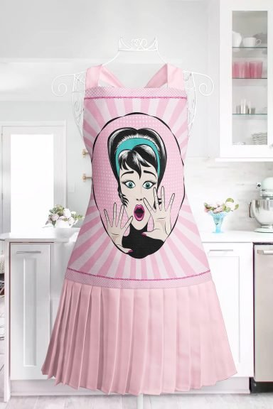 Realhomes Popart Desenli Mutfak Önlüğü - Özel Tasarım Pembe Puantiye Motifli Askılı Bulaşık Aşçı Leke Tutmaz Dijital Baskılı Önlük