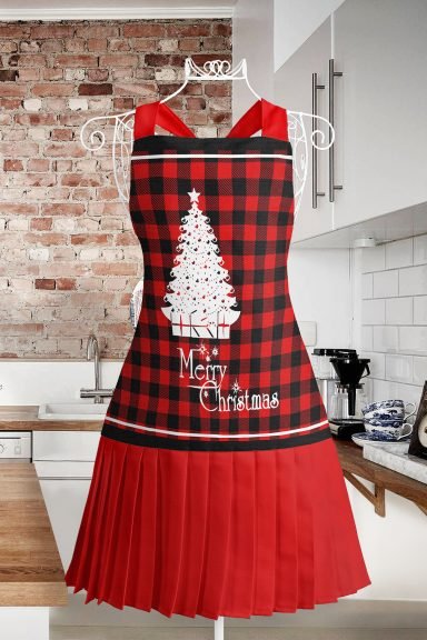 Realhomes Çam Ağacı Desenli Mutfak Önlüğü - Özel Tasarım Merry Christmas Yazılı Askılı Bulaşık Aşçı Leke Tutmaz Dijital Baskılı Önlük