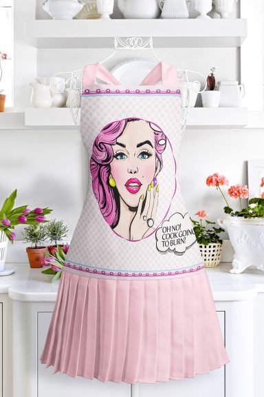Realhomes Popart Desenli Mutfak Önlüğü - Özel Tasarım Pembe Puantiye Motifli Askılı Bulaşık Aşçı Leke Tutmaz Dijital Baskılı Önlük