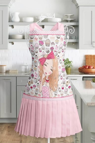 Realhomes Pembe Kurdeleli Kız Desenli Mutfak Önlüğü - Özel Tasarım Cupcake Motifli Askılı Bulaşık Aşçı Leke Tutmaz Dijital Baskılı Önlük