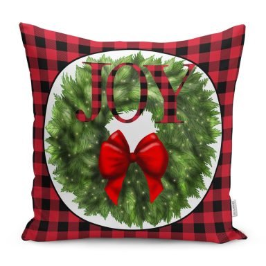 Kırmızı Ekose Yılbaşı Desen Joy Motifli Modern Yastık Kırlent Kılıfı