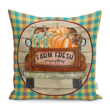 Farm Fresh Ekose Motifli Kabak Temalı Modern Yastık Kırlent Kılıfı