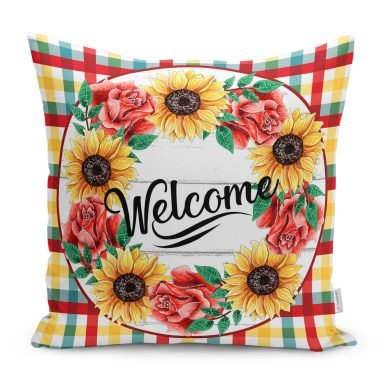 Renkli Ekose Motifli Gül Ayçiçeği Tasarımlı Yastık Kırlent Kılıfı