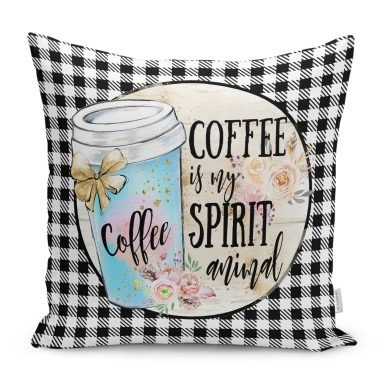 Siyah Beyaz Ekose Motifli Coffee Temalı Modern Yastık Kırlent Kılıfı